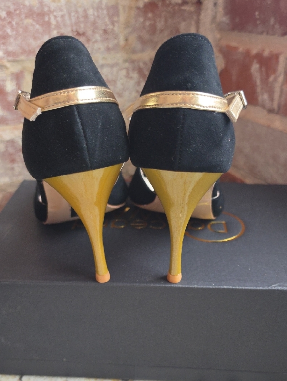 Black and Gold Open-Toe Ankle-Strap Heels - Picture 3 of 8